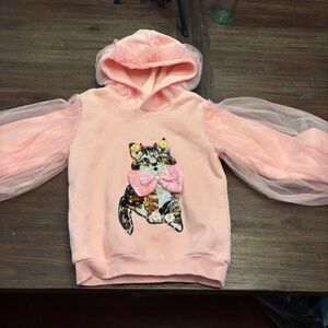 Adorable Pink Hoodie with Cat Design and Tulle Sleeves